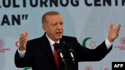 Croatia - Turkish President Recep Tayyip Erdogan deliver his speech during opening ceremony of a mosque and an Islamic cultural center named after him, in Sisak, September 8, 2022