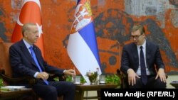 Redžep Taip Erdogan i Aleksandar Vučić, predsednici Turske i Srbije, tokom za javnost otvorenog dela razgovora u Beogradu 7. septembra 2022.