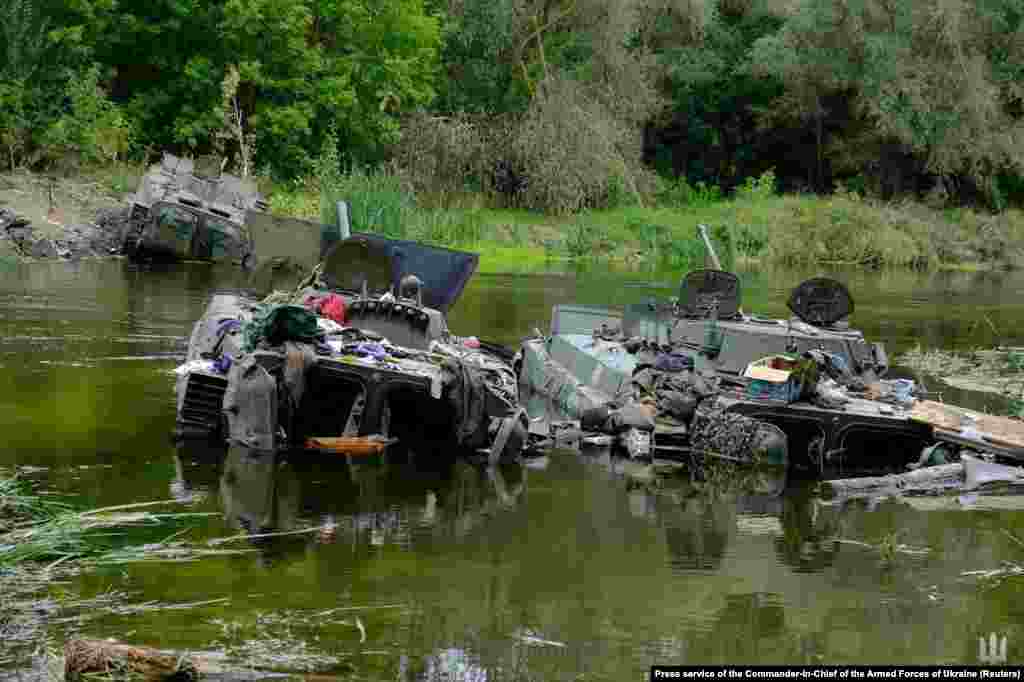 Russian amphibious armored vehicles that foundered while crossing a waterway in the Kharkiv region.&nbsp;&nbsp; The Kremlin has claimed recent territorial losses in the face of a Ukrainian counteroffensive were planned to &quot;achieve the stated goals of liberating Donbas&quot; from Ukrainian control, but the flood of images of abandoned and captured Russian hardware on social media suggest a chaotic retreat.&nbsp;