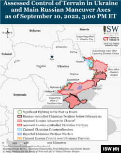 Evaluarea Institutului pentru Studiul Războiului despre evoluția contraofensivei din Ucraina, 10 septembrie 2022. Cu albastru se poate observa spargerea frontului în regiunea Harkov.