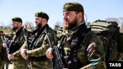 Soldiers undergo a troops review at the residence of leader Ramzan Kadyrov in Russia's North Caucasus region of Chechnya in March.