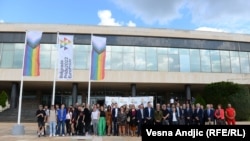 The flag of EuroPride 2022 is raised for the event's opening ceremony in Belgrade on September 12. 