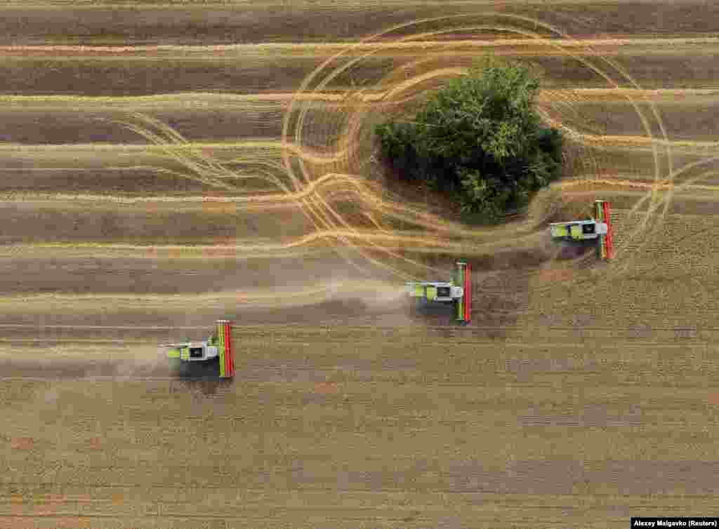 Combine harvesters gather wheat in a field near the village of Solyanoye in Russia&#39;s Omsk region.&nbsp;