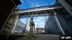 A Russian soldier guards an area of the Zaporizhzhya nuclear power station in territory under Moscow's military control in southeastern Ukraine. (file photo)