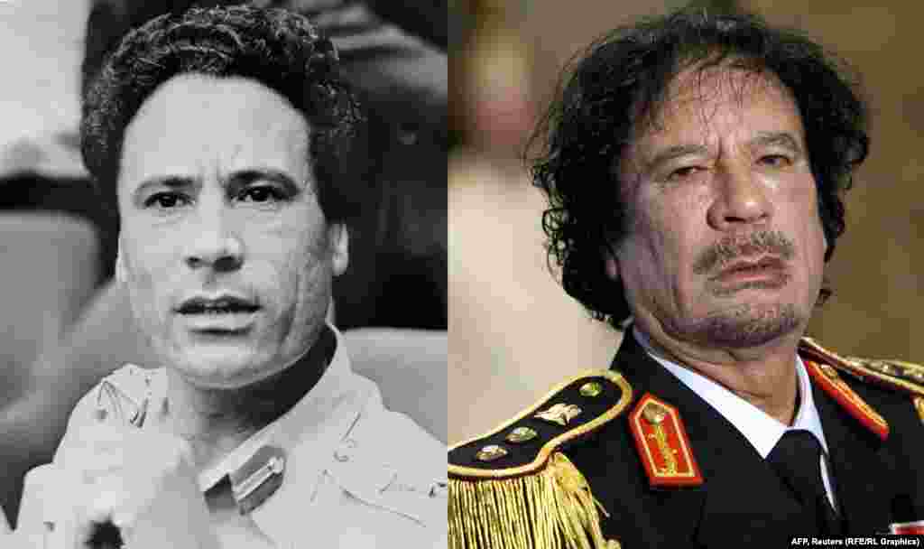 Former Libyan leader Muammar Qaddafi in 1975 (left) and 2009.