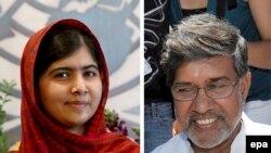 Nobel Prize -- A composite file showing Malala Yousafzai (L), the Pakistani teenage advocate for female education, children's rights activist Kailash Satyarthi of India