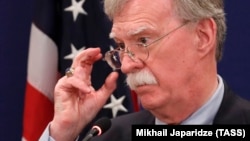 U.S. national-security adviser John Bolton speaks during a news briefing following his meetings with Georgian officials in Tbilisi on October 26.