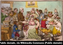 Едвард Дженнер вакцинує людей, які бояться, що через це стануть схожими на корів. Карикатура 1802 року