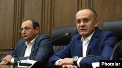 Armenia - Seyran Ohanian (right) and Artsvik Minasian, parliamentary leaders of the opposition Hayastan bloc, hold a news conference, Yerevan, October 29, 2021.