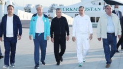 The presidents of the five countries of Central Asia: (from left to right) Kyrgyzstan's Sadyr Japarov, Kazakhstan's Qasym-Zhomart Toqaev, Uzbekistan's Shavkat Mirziyoev, Turkmenistan's Gurbanguly Berdymukhammedov, and Tajikistan's Emomali Rahmon gather in Awaza, Turkmenistan, for a summit on August 6.