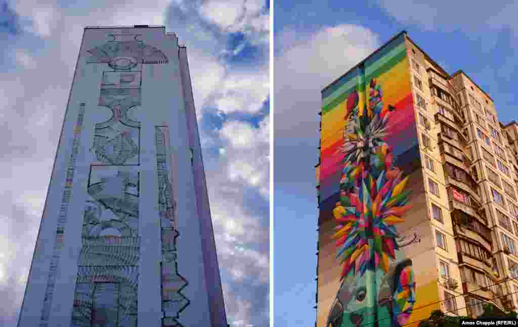 Murals by Italian artist 2501 (left) and Spanish Artist Okuda. The mural by 2501 is believed to be the tallest in Europe.&nbsp;