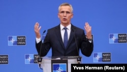 BELGIUM – NATO Secretary-General Jens Stoltenberg speaks as he holds a news conference following an extraordinary meeting of the NATO-Ukraine Commission, in Brussels, February 22, 2022