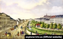 An illustration of the Poltva River in 1830 before it was funneled underground.