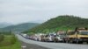 Armenia - Iranian trucks are parked on a roadside in Syunik, October 7, 2021.