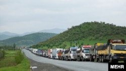 Iranian trucks stuck on the main road leading to Armenia, October 7, 2021.