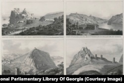 A page from one of Dubois's atlases showing various fortresses including two views of the fortress at Sudak (bottom).