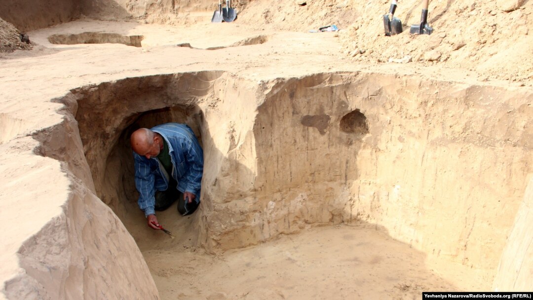 The site where the tomb of a Scythian warrior is being studied after he was uncovered in November 2020.