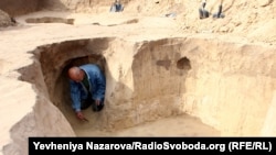 The site where the tomb of a Scythian warrior is being studied after he was uncovered in November 2020.