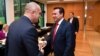 Bulgarian President Rumen Radev (left) and Macedonian Prime Minister Zoran Zaev meet at the summit in Brdo, Slovenia, on October 6.