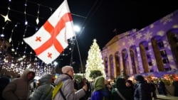 Manifestanți anti-guvernamentali, în fața clădirii parlamentului din Tbilisi. 17 decembrie 2024. 