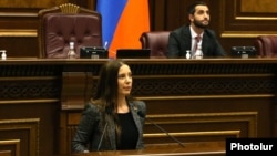 Armenia - Anna Grigorian, a Syunik-based deputy from the opposition Hayastan bloc, speaks at a session of the National Assembly, Yerevan, October 5, 2021.