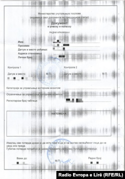 Dokumenti që autoritetet serbe lëshojnë për qytetarët e Kosovës që hyjnë në territorin e Serbisë.