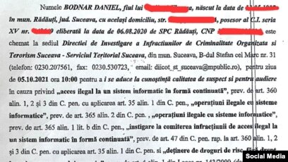 Citația pe care a primit-o Daniel Bodnar de la DIICOT Suceava în care este considerat suspect de consum de droguri