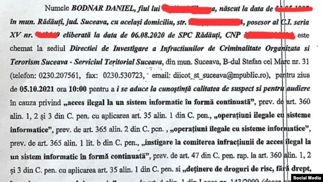 Citația pe care a primit-o Daniel Bodnar de la DIICOT Suceava în care este considerat suspect de consum de droguri