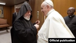 The Vatican - Pope Francis and Catholicos Garegin (Karekin) II, the supreme head of the Armenian Apostolic Church, meet in the Vatican, October 6, 2021. 