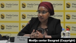 Alice Wairimu Nderitu speaks to the press in Belgrade on November 19.