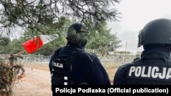 Польские полицейские на границе Польши и Беларуси, где заблокированы сотни человек, пытающихся попасть в Евросоюз