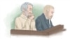 نگاره‌ای که حمید نوری را در کنار وکیلش در یکی از جلسات دادگاه نشان می‌دهد