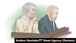 A courtroom sketch of Hamid Nouri, who is accused of involvement in the massacre of political prisoners in Iran in 1988, sitting with his attorney.