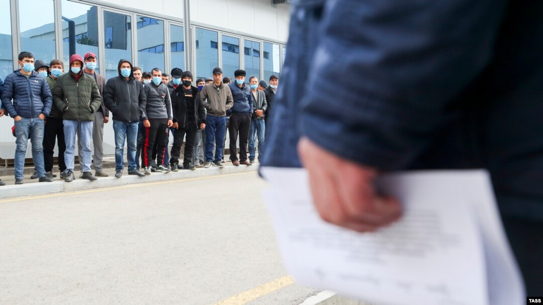 Граждане Узбекистана в Моноцентре по оказанию услуг незанятому населению "Ишга мархамат" во время оформления документов для трудовой миграции в рамках пилотного проекта по привлечению в Россию 10 тысяч строителей из Узбекистана. Владимир Смирнов/ТАСС