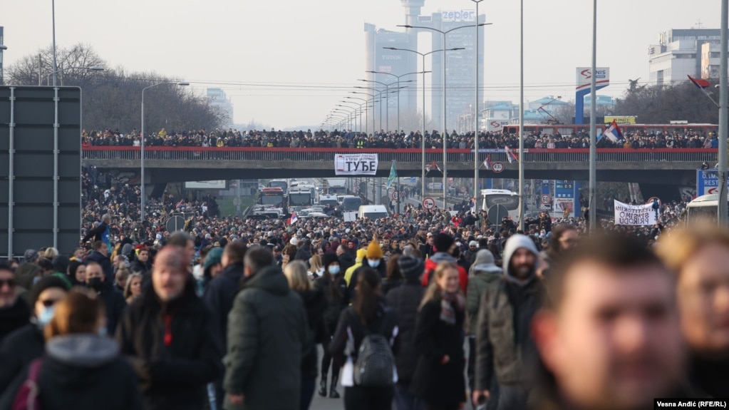 Protesters block traffic on a highway in Belgrade on December 4.