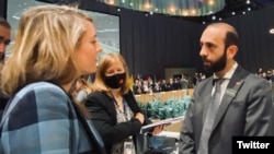 Sweden - Canadian Foreign Minister Melanie Joly speaks with her Armenian counterpart Ararat Mirzoyan during an OSCE ministerial meeting in Stockholm, December 2, 2021.