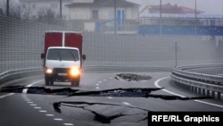 Разрушения на трассе «Таврида» в Крыму. Коллаж