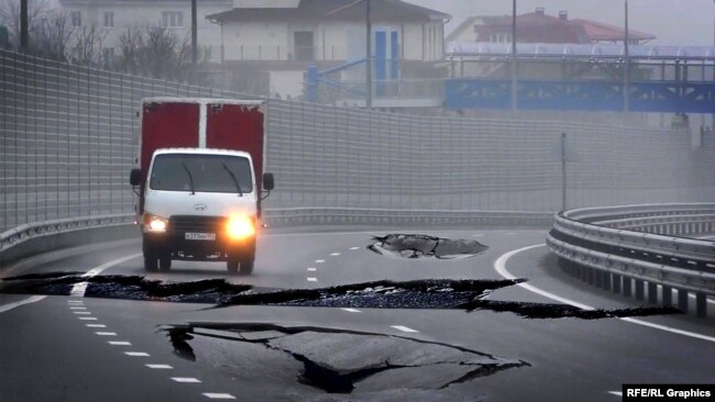 Разрушения на трассе «Таврида» в Крыму. Коллаж