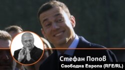 Колаж с автора на фона на снимка на новия кмет на София Васил Терзиев.