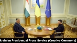 Kryeministri i Hungarisë, Viktor Orban, gjatë bisedimeve me presidentin e Ukrainës, Volodymyr Zelensky. Kiev, 2 korrik 2024.