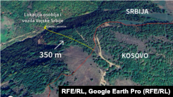 Pozicija na kojoj su snimljeni pripadnici Vojske Srbije. Lokacija se prema meraču Gugla nalazi na 350 metara od granice sa Kosovom.
