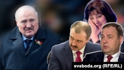 Каляж, зьлева направа: Аляксандар Лукашэнка, Віктар Лукашэнка, Натальля Качанава, Раман Галоўчанка