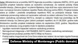 Detalji o radaru iz dokumenta o stanju u Ministarstvu odbrane i Vojsci Crne Gore