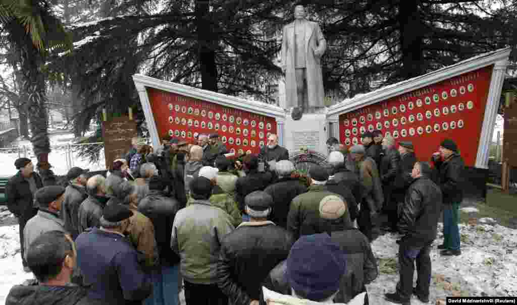 A monument to Stalin above a war memorial in Zemo Alvani being unveiled in December 2012. The monument in the town, northeast of Tbilisi, had been torn down under the rule of Mikheil Saakashvili a year earlier.&nbsp;