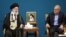 Iranian Supreme Leader Ayatollah Ali Khamenei (left) speaks at a government meeting on August 27 as President Masud Pezeshkian looks on.