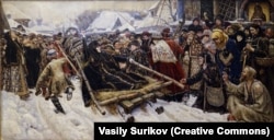 A painting by Russian artist Vasily Surikov depicting prominent Old Believer Feodosia Morozova raising two fingers to supporters as she is led away to her imprisonment and eventual death at the hands of tsarist authorities in 1671.