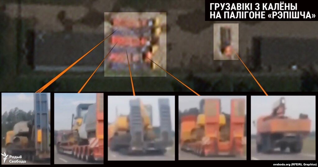 Sopra c'è un'immagine satellitare di camion sulla discarica.  Il loro aspetto coincide completamente con l'aspetto dei camion nella colonna dei Wagneriti, visti vicino a Babruysk.