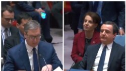 Presidenti serb, Aleksandar Vuçiq, dhe kryeministri i Kosovës, Albin Kurti, gjatë mbledhjes së Këshillit të Sigurimit të OKB-së, më 8 shkurt 2024.