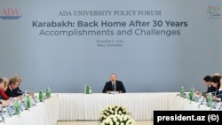 Azerbaijan -- President Ilham Aliyev speaks at an international forum in Baku, December 6, 2023.