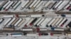 This aerial view shows Ukrainian trucks in a parking lot next to the Korczowa Polish-Ukrainian border crossing earlier this month.